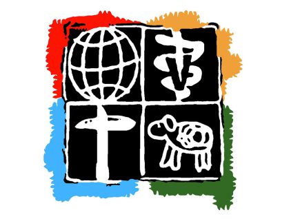 A black and white picture of an animal, cross, globe, tree and earth.